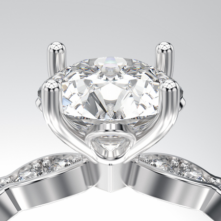 3D illustration isolated zoom macro white gold or silver ring with diamonds on a white backgroundの写真素材