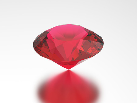 3D illustration red ruby round diamond gemstone with reflection on a grey backgroundの写真素材
