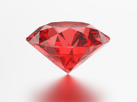 3D illustration red emerald round diamond ruby gemstone with reflection on a grey backgroundの写真素材