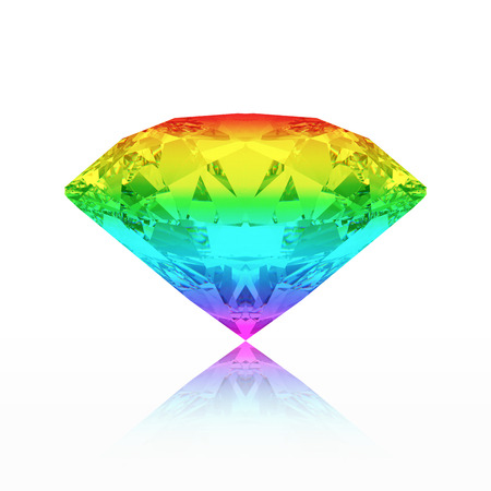 3D illustration many colors emerald round diamond gradient gemstone with reflection on a white backgroundの写真素材
