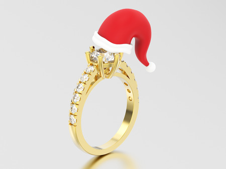 3D illustration yellow gold solitaire engagement diamond ring in the Christmas Santa Claus hat on a grey backgroundの写真素材