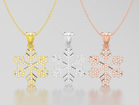 3D illustration three rose, yellow and white gold diamond snowflake necklace and chain on a grey backgroundの写真素材