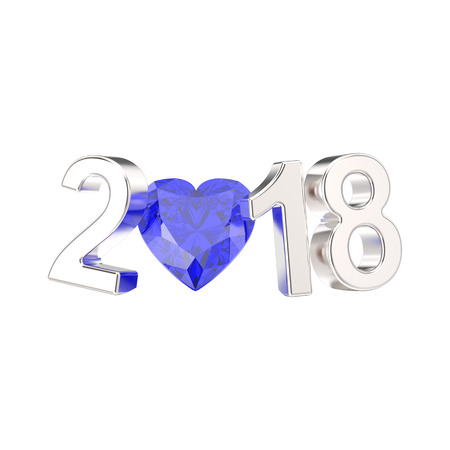 3D illustration isolated new year 2018 white gold or silver numbers and a blue diamond heart on a...