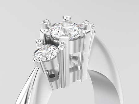 3D illustration close up white gold or silver three stone diamond ring on a gray backgroundの写真素材