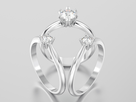 3D illustration three different white gold or silver engagement diamond rings on a gray backgroundの写真素材