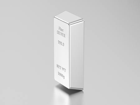 3D illustration one of silver bullion on a gray backgroundの写真素材