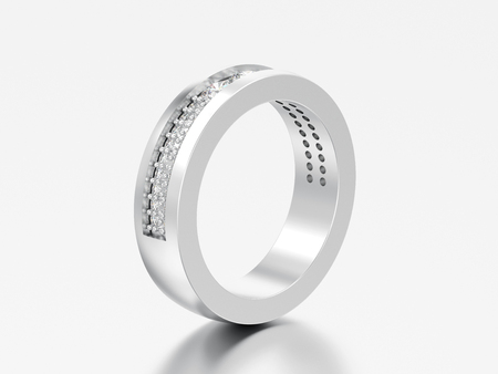 3D illustration silver engagement wedding anniversary band diamond ring on a grey backgroundの写真素材