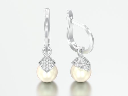 3D illustration white gold or silver pearl diamond earrings with hinged lock on a white backgroundの写真素材