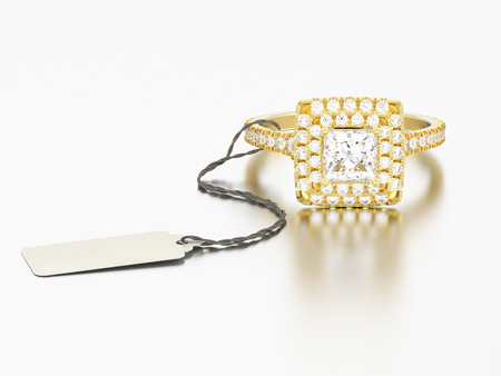 3D illustration yellow gold engagement diamond ring with rope tag on a grey backgroundの写真素材