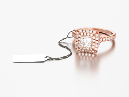 3D illustration rose gold engagement diamond ring with rope tag on a grey backgroundの写真素材