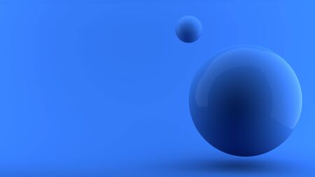 Geometric 3D shapes abstract render showcase background with copy space. Monochrome blue decorative elements backdrop. Minimalistic horizontal layout for poster, cover, branding, banner, landing.の写真素材