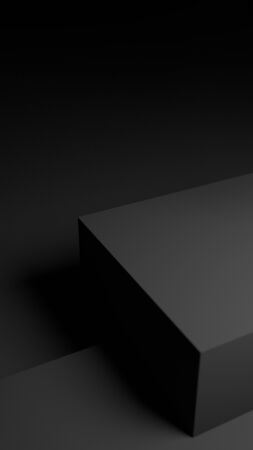 Beautiful, elegant showcase pedestal. Black abstract 3D render podium background. Minimal studio interior backdrop with platform and clear blank copy space for product. Dark mode screen.の写真素材