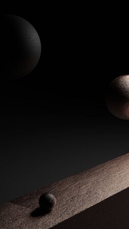 Geometric 3D shapes abstract render showcase background with copy space. Monochrome dark mode black decorative elements backdrop. Minimalistic vertical design for stories, app UI, poster, backdrop.の写真素材