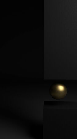 Geometric 3D shapes abstract render showcase background with copy space. Monochrome dark mode black decorative elements backdrop. Minimalistic vertical design for stories, app UI, poster, backdrop.の写真素材