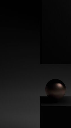 Geometric 3D shapes abstract render showcase background with copy space. Monochrome dark mode black decorative elements backdrop. Minimalistic vertical design for stories, app UI, poster, backdrop.の写真素材