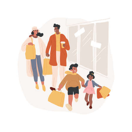 Shopping with kids isolated cartoon vector illustration. Happy children run with bags, family at shopping mall, parents and kids make purchases together, happy customers cartoon vector.のイラスト素材
