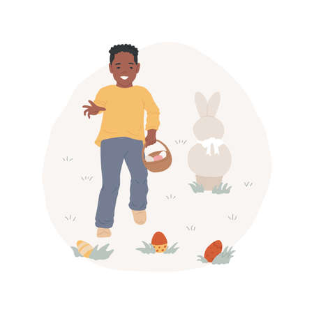 Eggs scavenger hunt abstract concept vector illustration. Happy and smiling child finding Easter egg, traditional religious holiday celebration and tradition, festive days abstract metaphor.のイラスト素材
