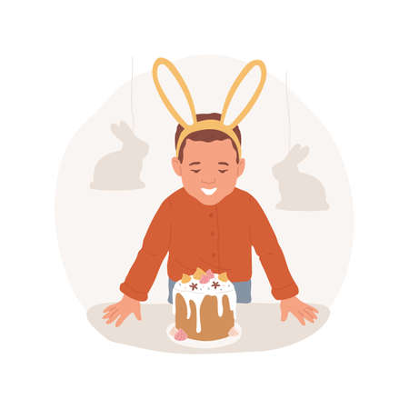 Easter cake abstract concept vector illustration. Cute little child in bunny ears looking at delicious cake, waiting for the holiday, traditional Easter confectionery abstract metaphor.のイラスト素材
