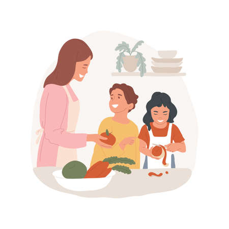 Peeling fruit with a knife abstract concept vector illustration. Child learns to use knife, peeling fruit, primary cooking class, self-care, preschool skill, kindergarten abstract metaphor.のイラスト素材