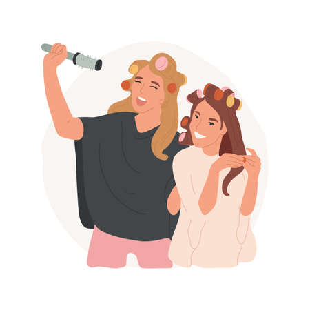 Hair salon abstract concept vector illustration. Pretty teenage girls in black cape with curlers at hairdresser, smiling teens having fun in hair salon, beauty care abstract metaphor.のイラスト素材