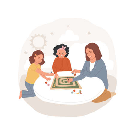 Family board games abstract concept vector illustration. Parents and children play tabletop game together, family fun, developmental game, early home education, thinking skill abstract metaphor.のイラスト素材