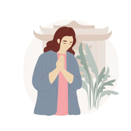 Wishing abstract concept vector illustration. Inspired young woman wishing, praying, traditional Buddhist religious pilgrimage, holy place, honour and devotion, spiritual mood abstract metaphor.のイラスト素材