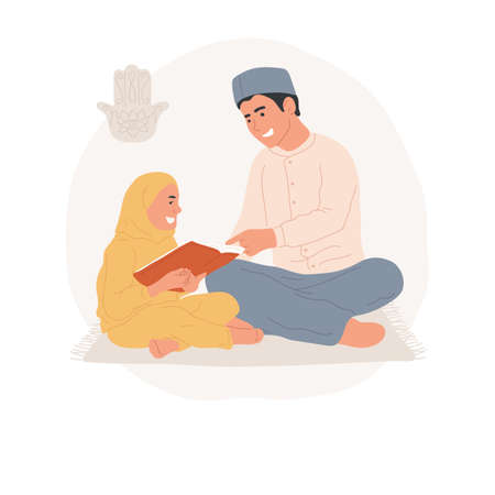Reading Quran abstract concept vector illustration. Muslim religious tradition, father and kid read koran together, everyday ritual, faith and belief, Islamic holy book abstract metaphor.のイラスト素材