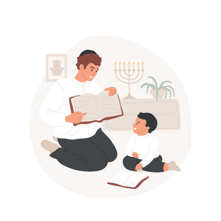 Teaching Torah at home abstract concept vector illustration. Father teaching Tohar to his little son, reading holy book together, jewish religion, everyday belief rituals abstract metaphor.のイラスト素材