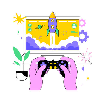 Action game abstract concept vector illustration. Fighting pc game, first-person shooter, action games championship, multiplayer online battle arena, real-time playing platform abstract metaphor.のイラスト素材