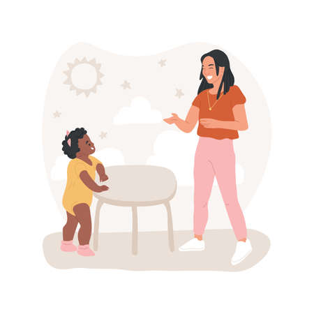 Learning to stand up isolated cartoon vector illustration. Infant learns to stand up with support, baby development milestone, nursery facility, kindergarten, early childhood vector cartoon.のイラスト素材