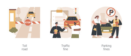Driving rules violation abstract concept vector illustration set. Toll road, traffic and parking fine, tollway fee, speeding ticket, no parking zone, penalty notice, pass card abstract metaphor.のイラスト素材