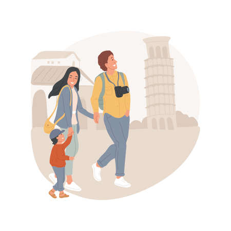 Sightseeing isolated cartoon vector illustration City tourism, family travel, taking pictures of sights, kids and parents sightseeing, historical monument, children looking up vector cartoon.のイラスト素材
