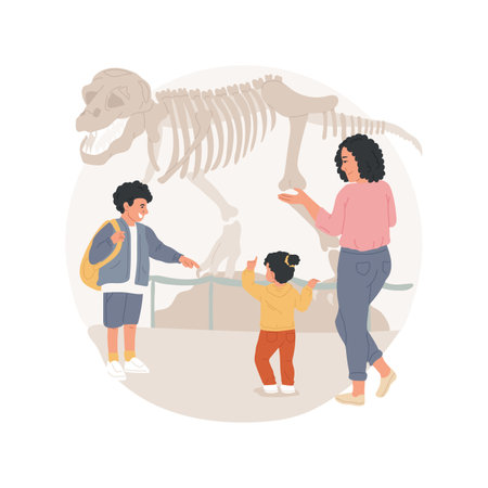 Dinosaur museum isolated cartoon vector illustration Family looking at life-size dinosaur skeleton, natural history museum, travel together, field trip, happy kids in dino park vector cartoon.のイラスト素材