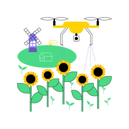 Agriculture drone use abstract concept vector illustration. Agriculture precision farming, first responder, analysis, crops spraying, drone surveillance, irrigation monitoring abstract metaphor.のイラスト素材