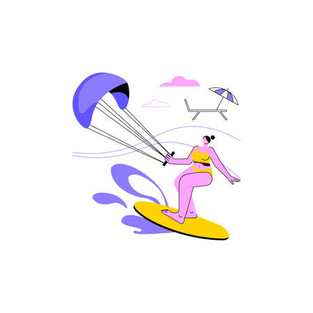 Kitesurfing abstract concept vector illustration. Kiteboarding, parachute water sport, flying adventure, wind speed, extreme fun, action camera, freestyle trick, freedom abstract metaphor.のイラスト素材