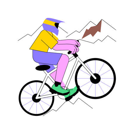 Downhill abstract concept vector illustration. Mountain freeride, extreme sport, forest track, holiday adventure, cycle competition, active lifestyle, hill ride, speed bike abstract metaphor.のイラスト素材