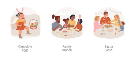 Easter meal isolated cartoon vector illustration set. Girl wearing in bunny ears eating chocolate...