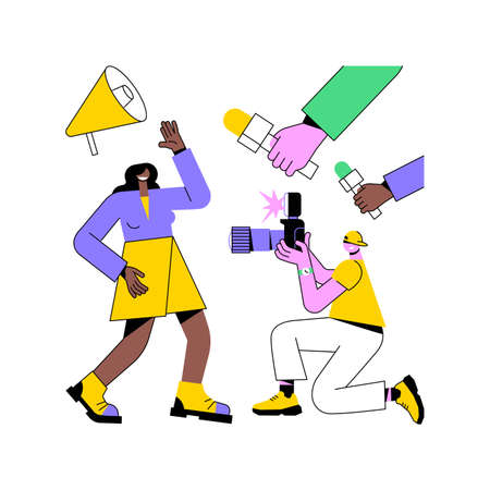 Yellow press abstract concept vector illustration. Yellow journalism, online press, paparazzi news feed, celebrity scandal, create sensation, eye-catching headline, fake facts abstract metaphor.のイラスト素材