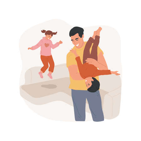 Playing with kids isolated cartoon vector illustration. Toddler sitting on mother shoulders, father holding kid upside down, family having fun, parents playing with kids vector cartoon.のイラスト素材
