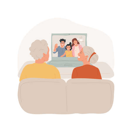 Talking online with grandparents isolated cartoon vector illustration. Grandparents holding tablet, family on the screen waving hands, talking to children, online communication vector cartoon.のイラスト素材