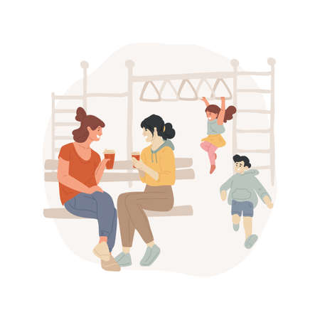 Meeting on outdoor playground isolated cartoon vector illustration. Friends meeting outdoor, parents sitting on bench, having conversation, kids playing on playground, lifestyle vector cartoon.のイラスト素材