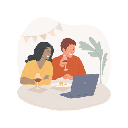 Online party isolated cartoon vector illustration. Video chat meeting, couple holding wine glasses, speaking on video to friends, online home party, weekend, leisure time vector cartoon.のイラスト素材