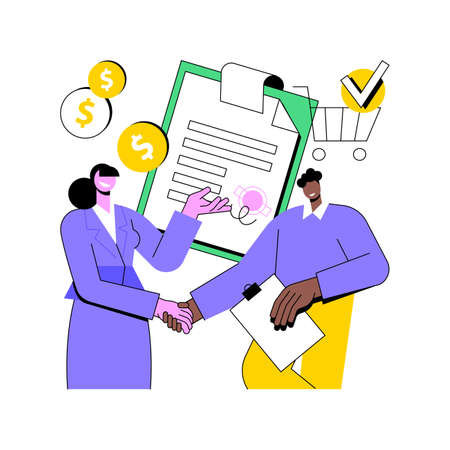 Purchase agreement abstract concept vector illustration. In-app purchase, buying process, legal document, personal property, terms and conditions, product price, business deal abstract metaphor.のイラスト素材