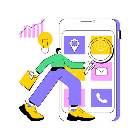 Mobile media optimization abstract concept vector illustration. Mobile commerce optimization, SEO strategy, targeted communication channel, responsive ui design, social media abstract metaphor.のイラスト素材