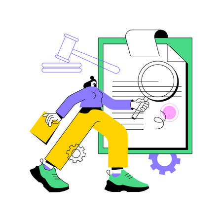 Legal research abstract concept vector illustration. Legal precedent, decision making, data collection, judge decision, statutes and regulations, jurisprudence, law dictionary abstract metaphor.のイラスト素材