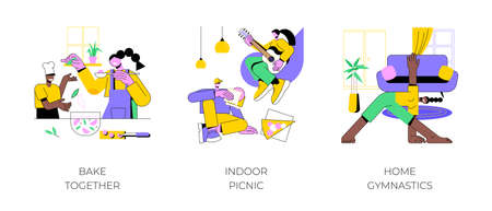Family fun amid quarantine abstract concept vector illustration set. Bake together, indoor picnic, home gymnastics, time together with children, indoor activities, stay at home abstract metaphor.のイラスト素材