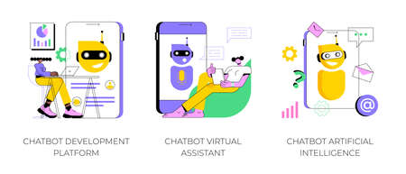 Chatbot programming abstract concept vector illustration set. Chatbot development platform, virtual assistant and Artificial Intelligence, wireframe, machine learning service abstract metaphor.のイラスト素材