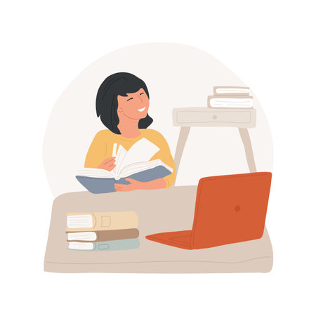Reading virtual camp isolated cartoon vector illustration. Book marathon, reading virtual camp, online discussion, literature lesson, distance learning for kid, remote education vector cartoon.のイラスト素材