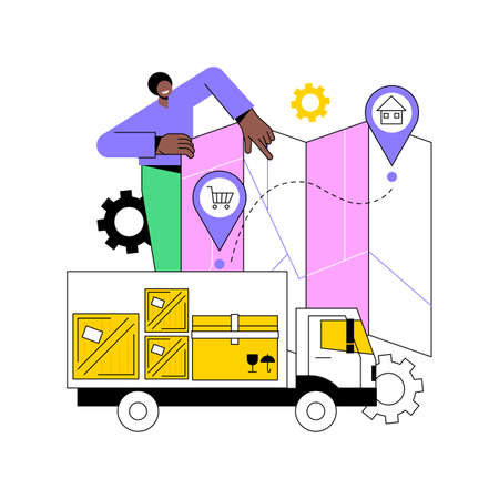 Order shipped abstract concept vector illustration. Free express shipment, parcel delivery with courier, online shopping, purchase goods, fast package logistics, receive box abstract metaphor.のイラスト素材