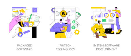 Business applications abstract concept vector illustration set. Packaged software, FinTech technology, system software development, payment processing, database system integration abstract metaphor.のイラスト素材